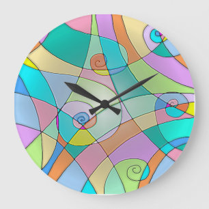 Colourful Simulated Stained Glass in Pastels Large Clock