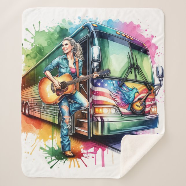 Colourful Singer With Guitar and Tour Bus Custom Sherpa Blanket (Front)