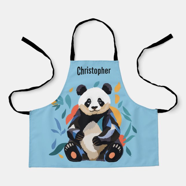 Colourful Sitting Panda Bear Personalized Name Blu Apron (Front)
