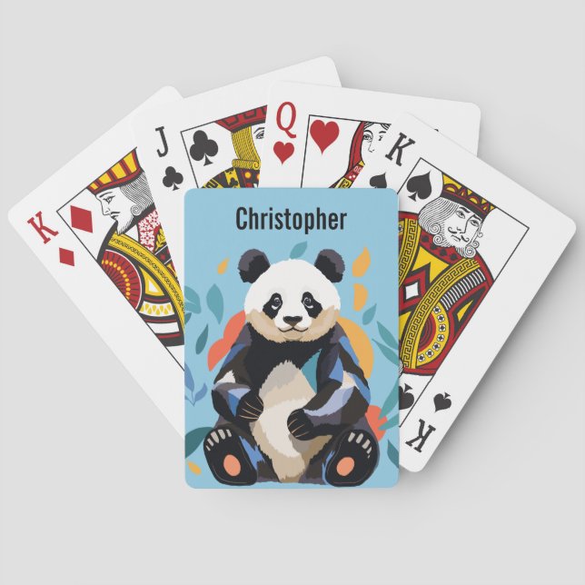 Colourful Sitting Panda Bear Personalized Name Blu Playing Cards (Back)