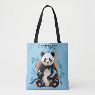 Colourful Sitting Panda Bear Personalized Name Blu Tote Bag