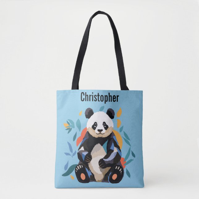 Colourful Sitting Panda Bear Personalized Name Blu Tote Bag (Front)