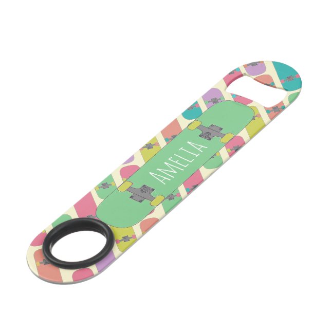 Colourful Skateboard Pattern Personalised Bar Key (Front Angled)