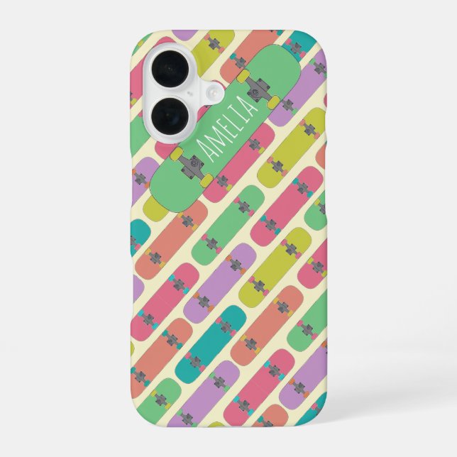 Colourful Skateboard Pattern Personalised iPhone 16 Case (Back)