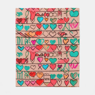 Colourful sketch-like hearts, and ribbons monogram fleece blanket