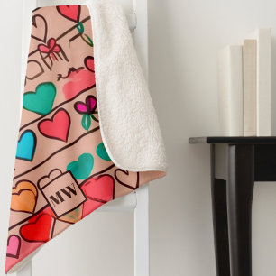 Colourful sketch-like hearts, and ribbons monogram sherpa blanket
