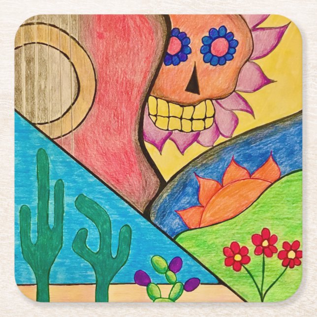 Colourful Skull Day of the Dead Desert Cactus Square Paper Coaster (Front)