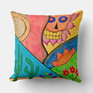 Colourful Skull Day of the Dead Southwest Desert Throw Pillow