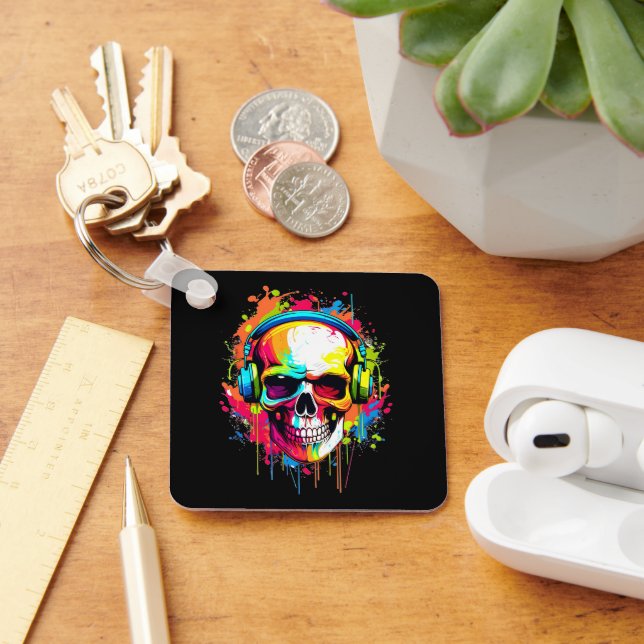Colourful Skull wearing headphones Keychain (Desk)