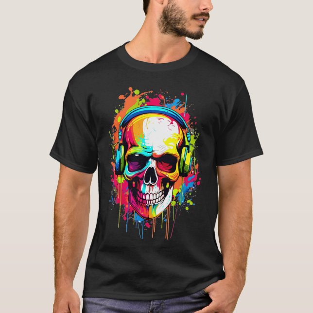 Colourful Skull wearing headphones T-Shirt (Front)
