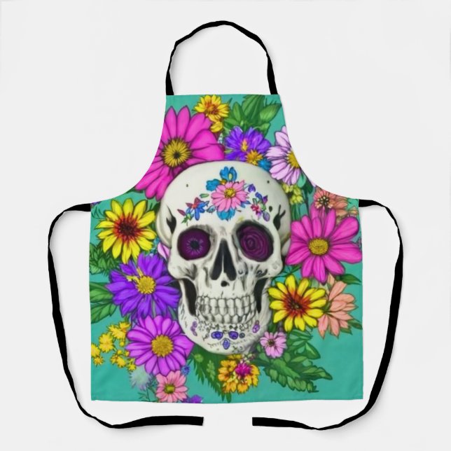 colourful skull with flowers  apron (Front)