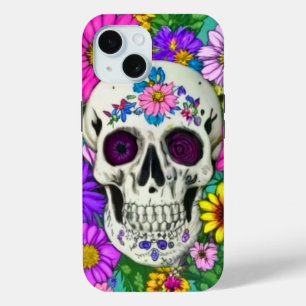 colourful skull with flowers iPhone 15 case