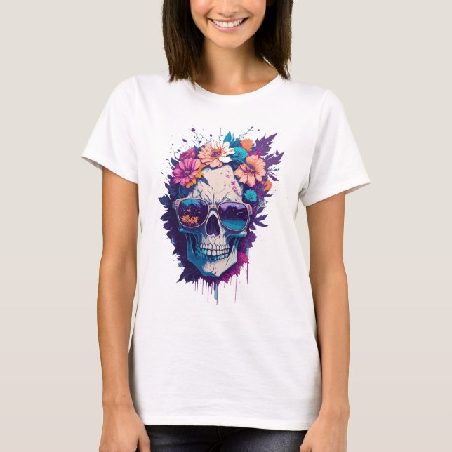 Colourful Skull with trendy sunglasses and Flowers T-Shirt (Front)