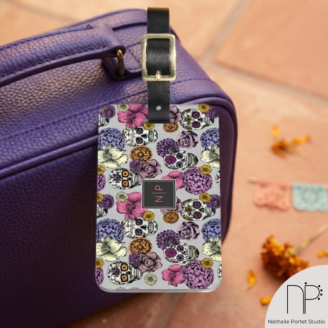 Colourful Skulls Monogram Luggage Tag  (Colorful skulls monogram luggage tag featuring hand-drawn chic noir fine line ink art.)