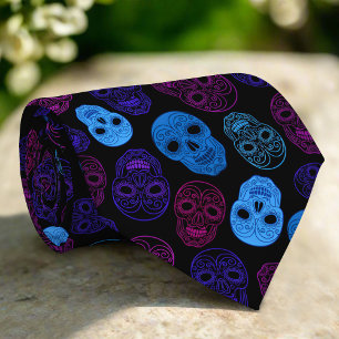 Colourful Skulls Neon Light Colour Spooky Hallowee Tie