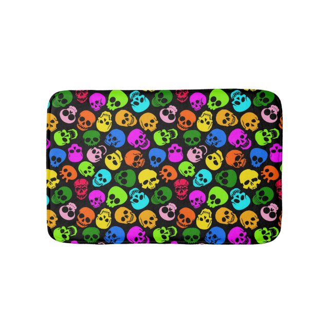 Colourful Skulls pattern in black Bath Mat (Front)