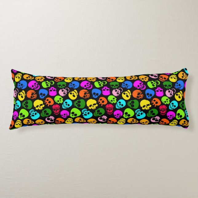 Colourful Skulls pattern in black Body Pillow (Front)