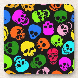Colourful Skulls pattern in black Coaster