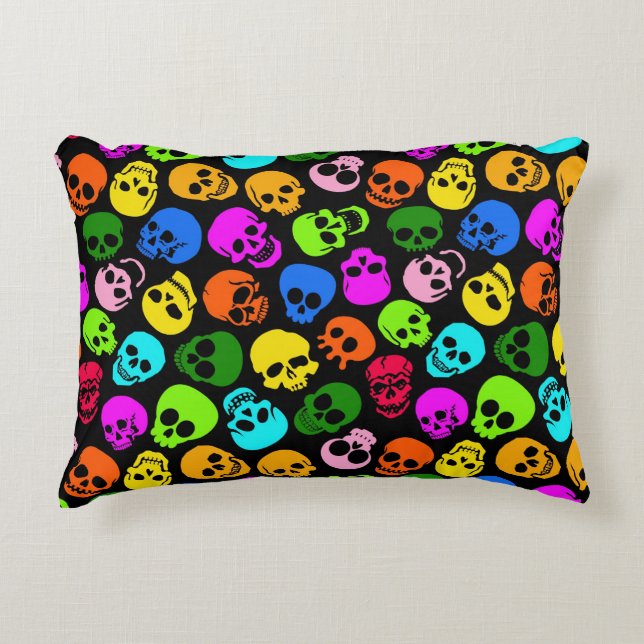 Colourful Skulls pattern in black Decorative Pillow (Front)