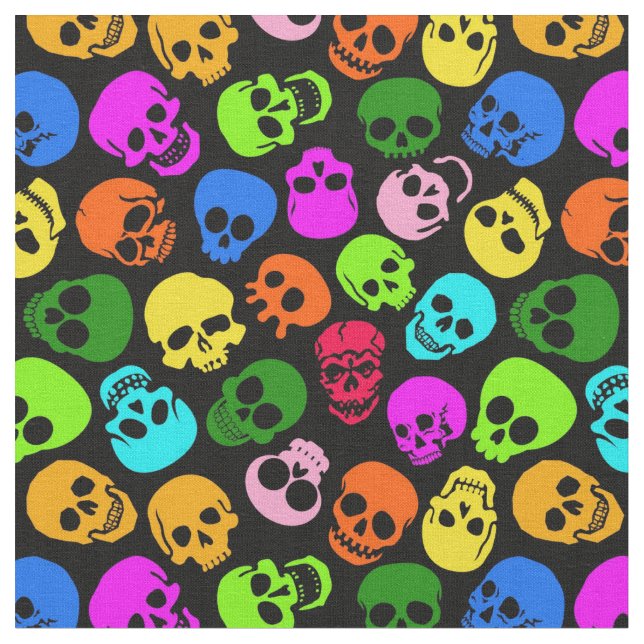 Colourful Skulls pattern in black Fabric (Close Up)
