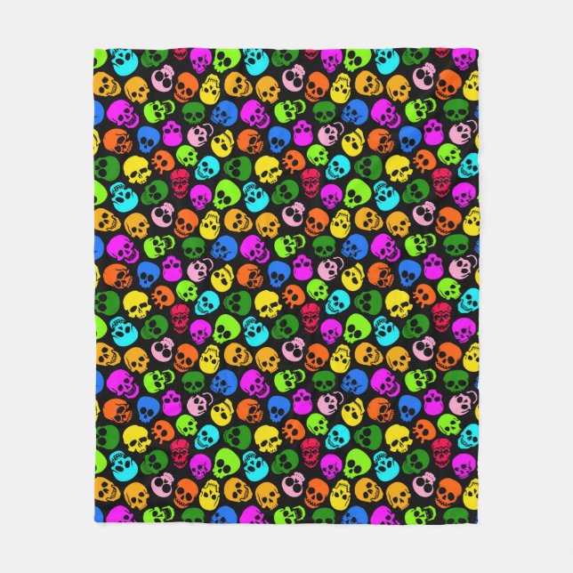 Colourful Skulls pattern in black Fleece Blanket (Front)