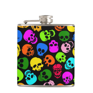 Colourful Skulls pattern in black Hip Flask