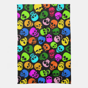 Colourful Skulls pattern in black Kitchen Towel