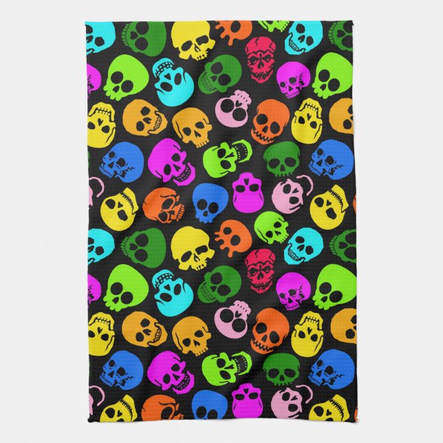 Colourful Skulls pattern in black Kitchen Towel (Vertical)