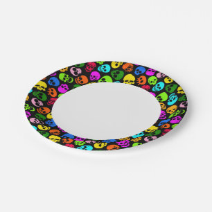 Colourful Skulls pattern in black Paper Plate