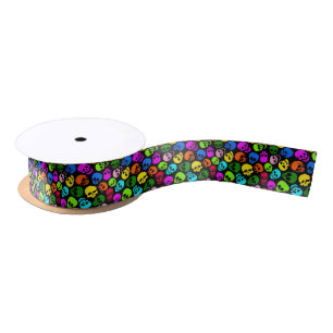 Colourful Skulls pattern in black Satin Ribbon