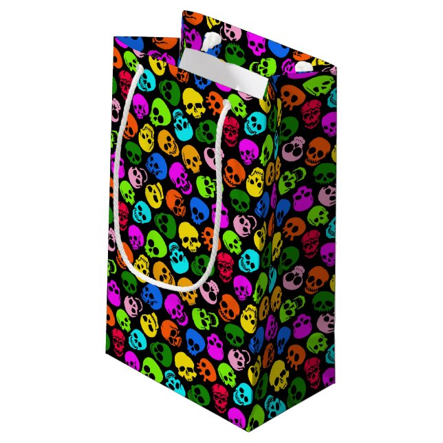 Colourful Skulls pattern in black Small Gift Bag (Back Angled)