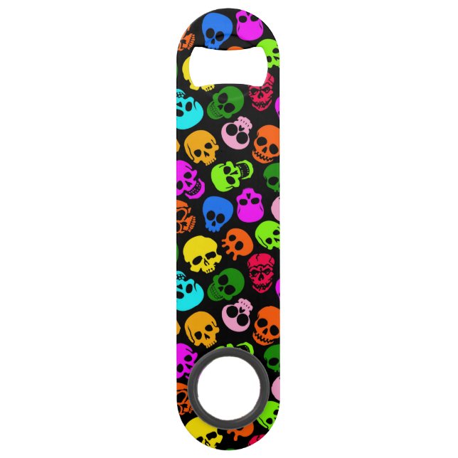Colourful Skulls pattern in black Speed Bottle Opener (Front)
