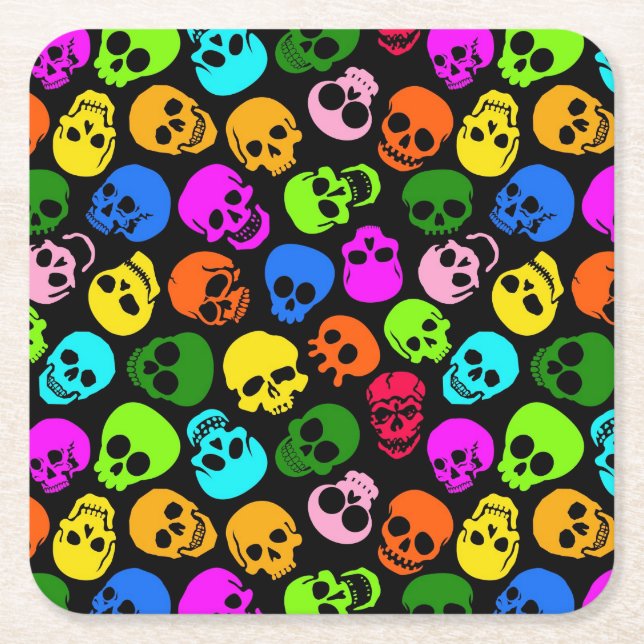 Colourful Skulls pattern in black Square Paper Coaster (Front)