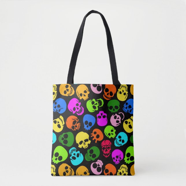 Colourful Skulls pattern in black Tote Bag (Front)
