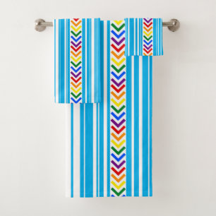 Colourful Sky Blue White Stripe and Rainbow Patter Bath Towel Set