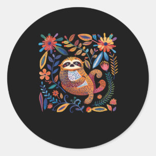Colourful Sloth Illustration With Vibrant Flowers Classic Round Sticker