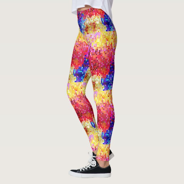 Colourful small geometric shapes disco-era pattern leggings (Left)