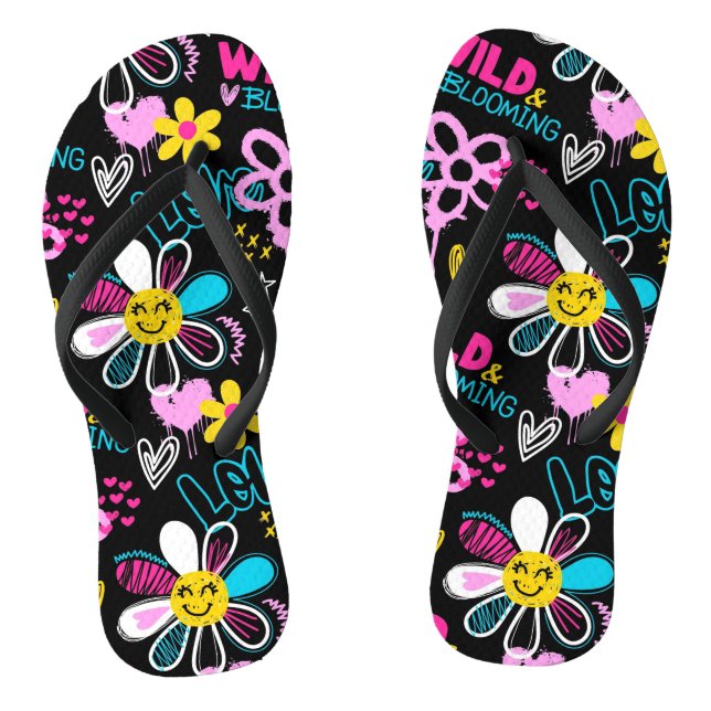 Colourful Smiley Flower Graffiti Pattern Flip Flops (Footbed)