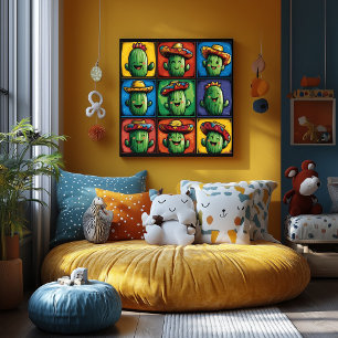 Colourful Smiling Cactus Grid Art for Kids' Rooms Poster