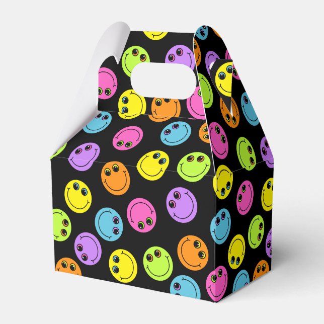 Colourful Smiling Emoji Faces on Black Favor Box (Front Side)
