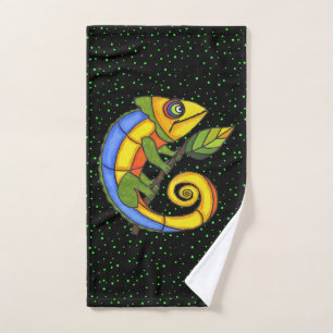 Colourful Smiling Fantasy Lizard holding Leaf Dots Hand Towel