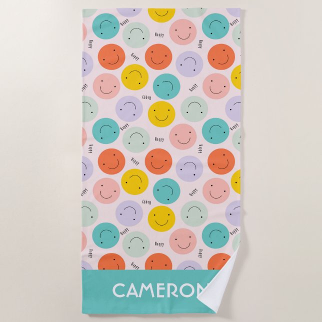 Colourful Smiling Happy Face Pattern Beach Towel (Front)