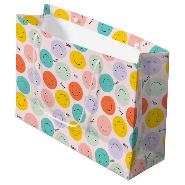 Colourful Smiling Happy Face Pattern Large Gift Bag (Front Angled)