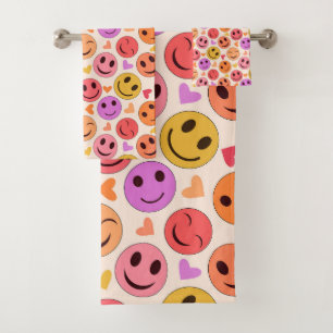 Colourful Smiling Happy faces with hearts Bath Towel Set