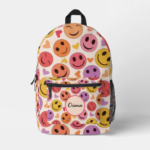 Colourful Smiling Happy faces with hearts  Name  Printed Backpack