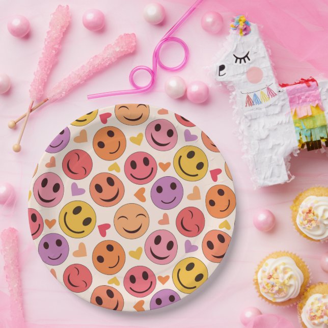 Colourful Smiling Happy faces with hearts   Paper Plate (Party)