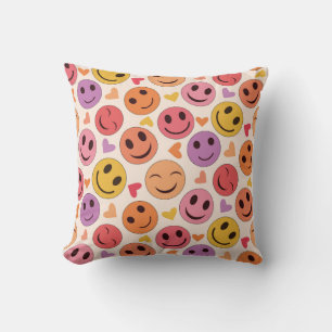 Colourful Smiling Happy faces with hearts  Throw Pillow
