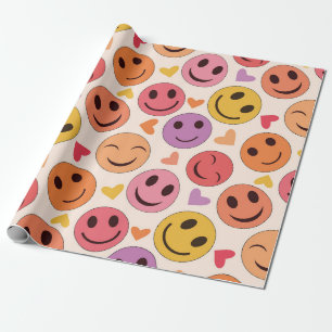 Colourful Smiling Happy faces with hearts   Wrapping Paper