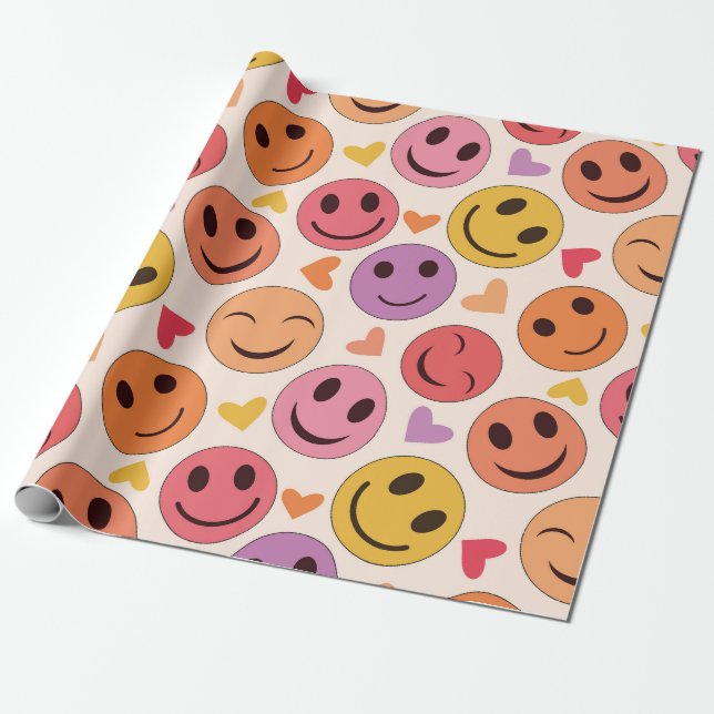 Colourful Smiling Happy faces with hearts   Wrapping Paper (Unrolled)