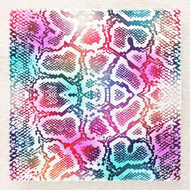 Colourful Snake Skin Texture Pattern. Glass Coaster (Front)